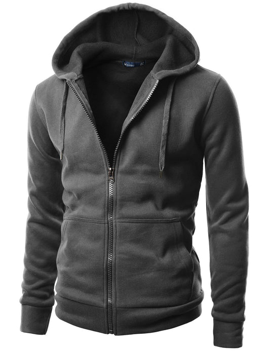 Doublju Mens Basic Hood Zip Up with Hood String (updated variant)